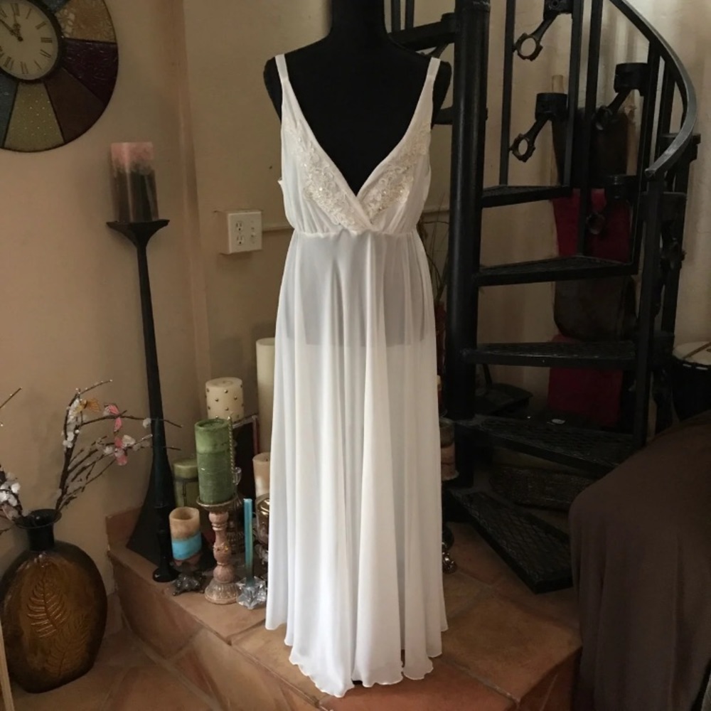 NWOT Vintage Chiffon Ivory Long Maxi Nightgown Slip Dress Chemise Lingerie